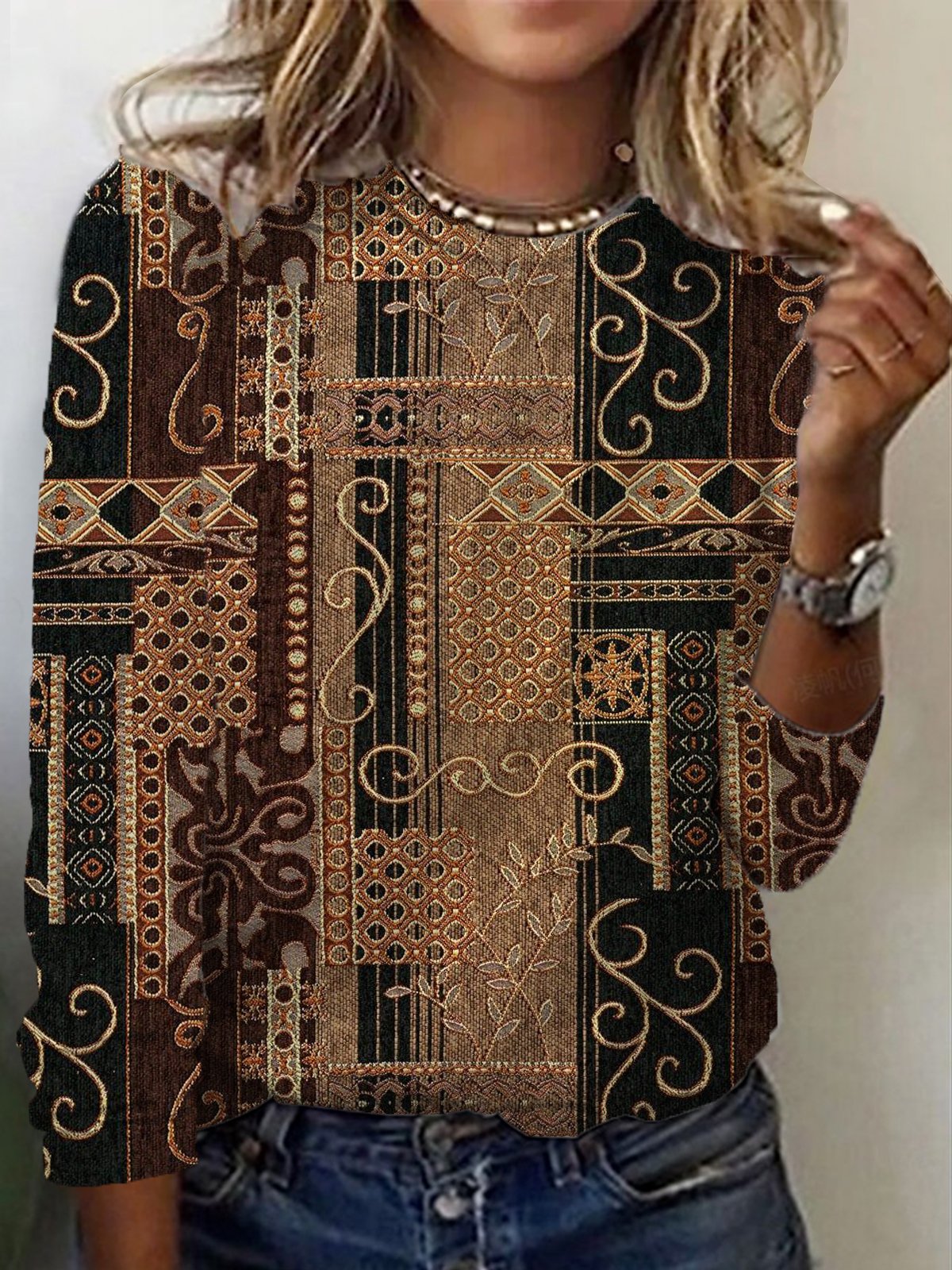 Ethnic Print Long Sleeve Crew Neck T-shirt