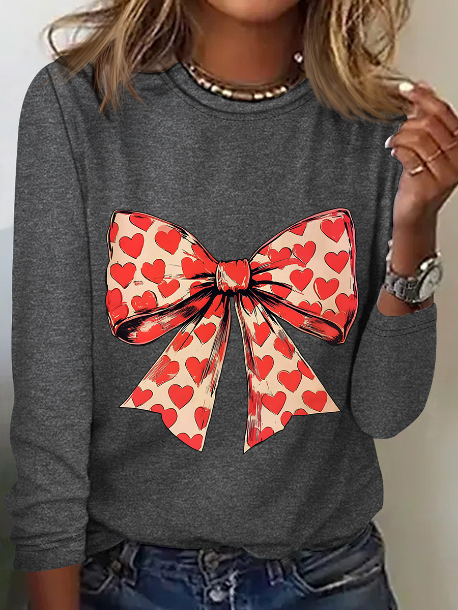 Valentine's Day Heart Coquette Bow Casual Long Sleeve Shirt