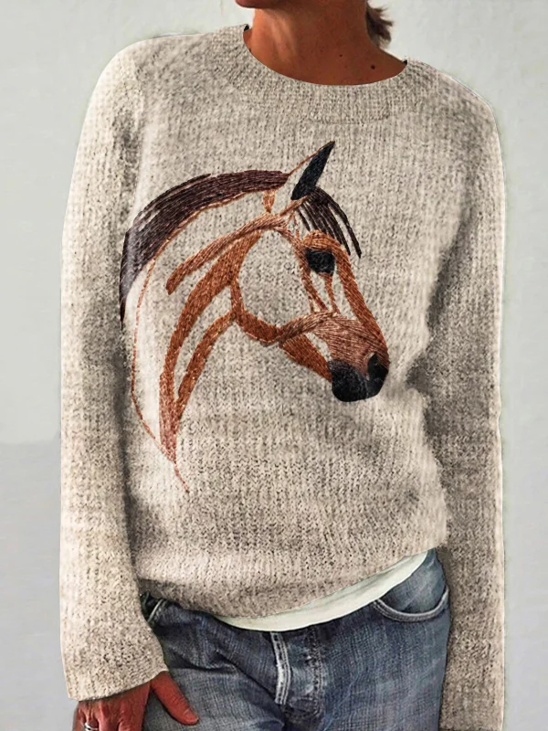 Embroidered horse head round neck knitted sweater