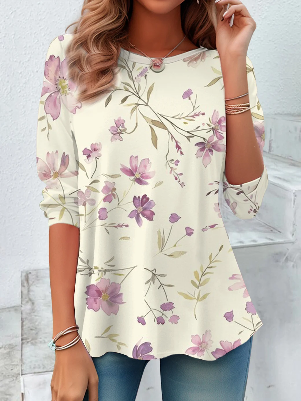 Floral Print Long Sleeve Crew Neck T-shirt