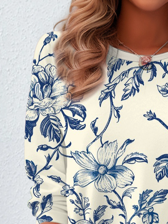 Floral Print Long Sleeve Crew Neck T-shirt