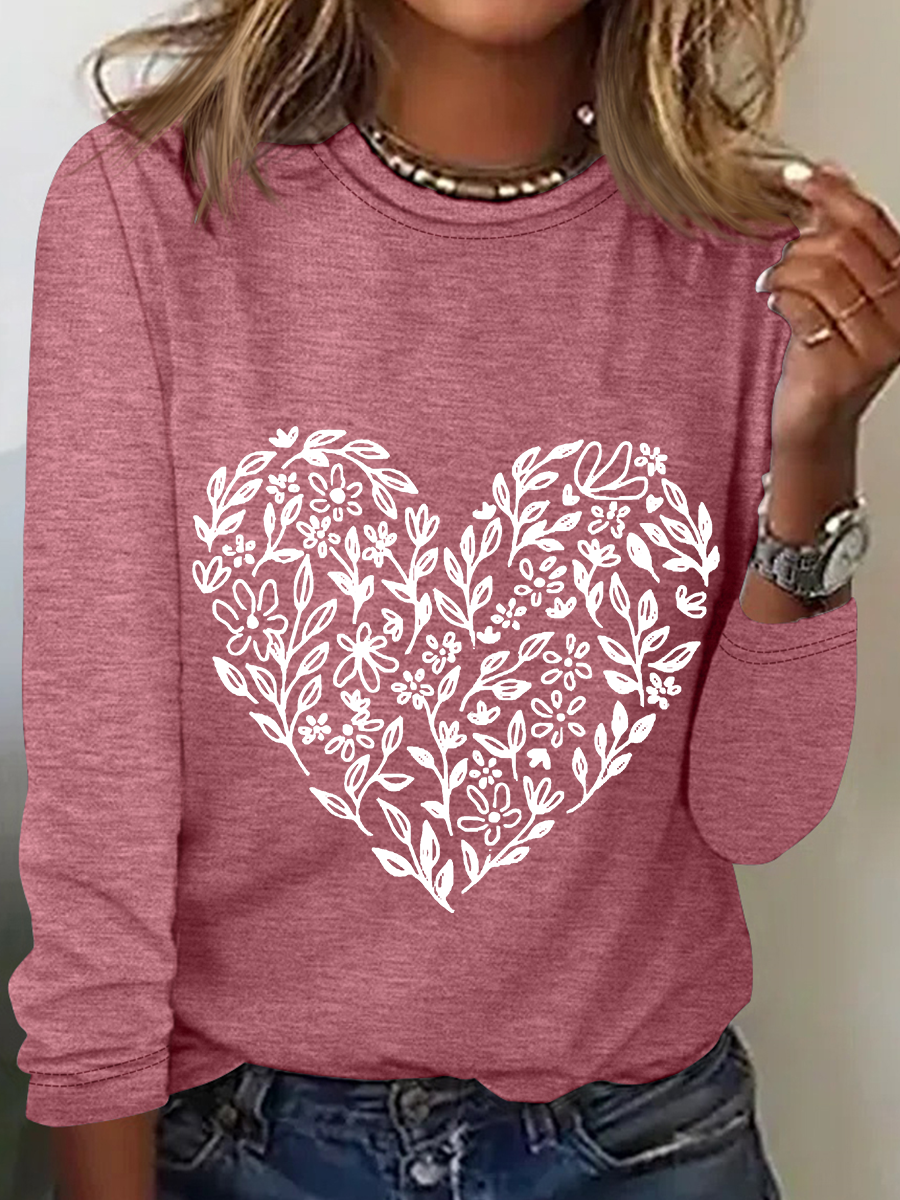 Valentine's Day Floral Heart Casual Long Sleeve Shirt