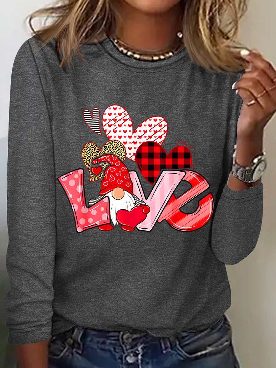 Valentine's Day Gnome Print Casual Long Sleeve Shirt