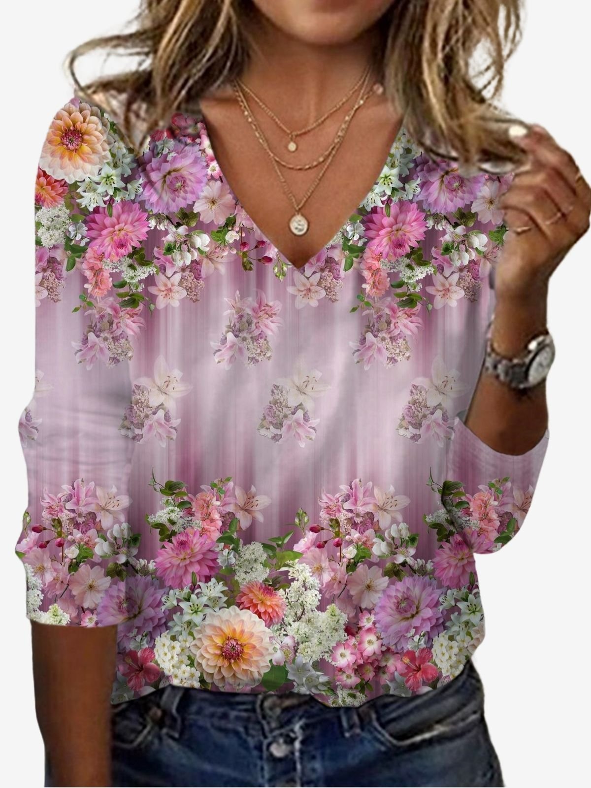 Floral Print Long Sleeve V-Neck T-shirt