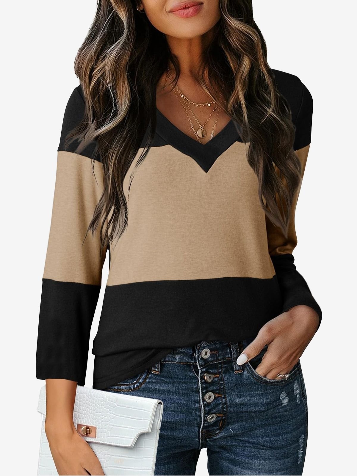 Color Block Long Sleeve  V-Neck T-Shirt