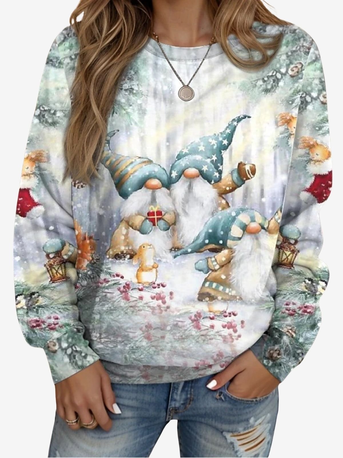 Christmas Print Long Sleeve Crew Neck Sweatshirt