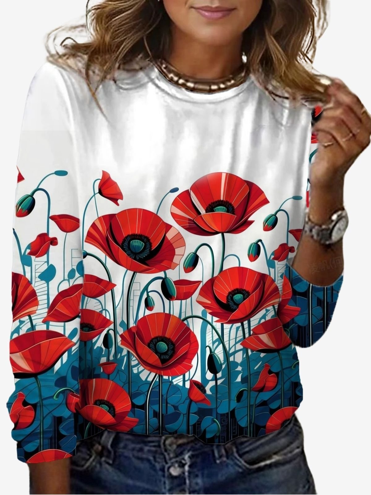 Floral Print Long Sleeve Crew Neck T-shirt