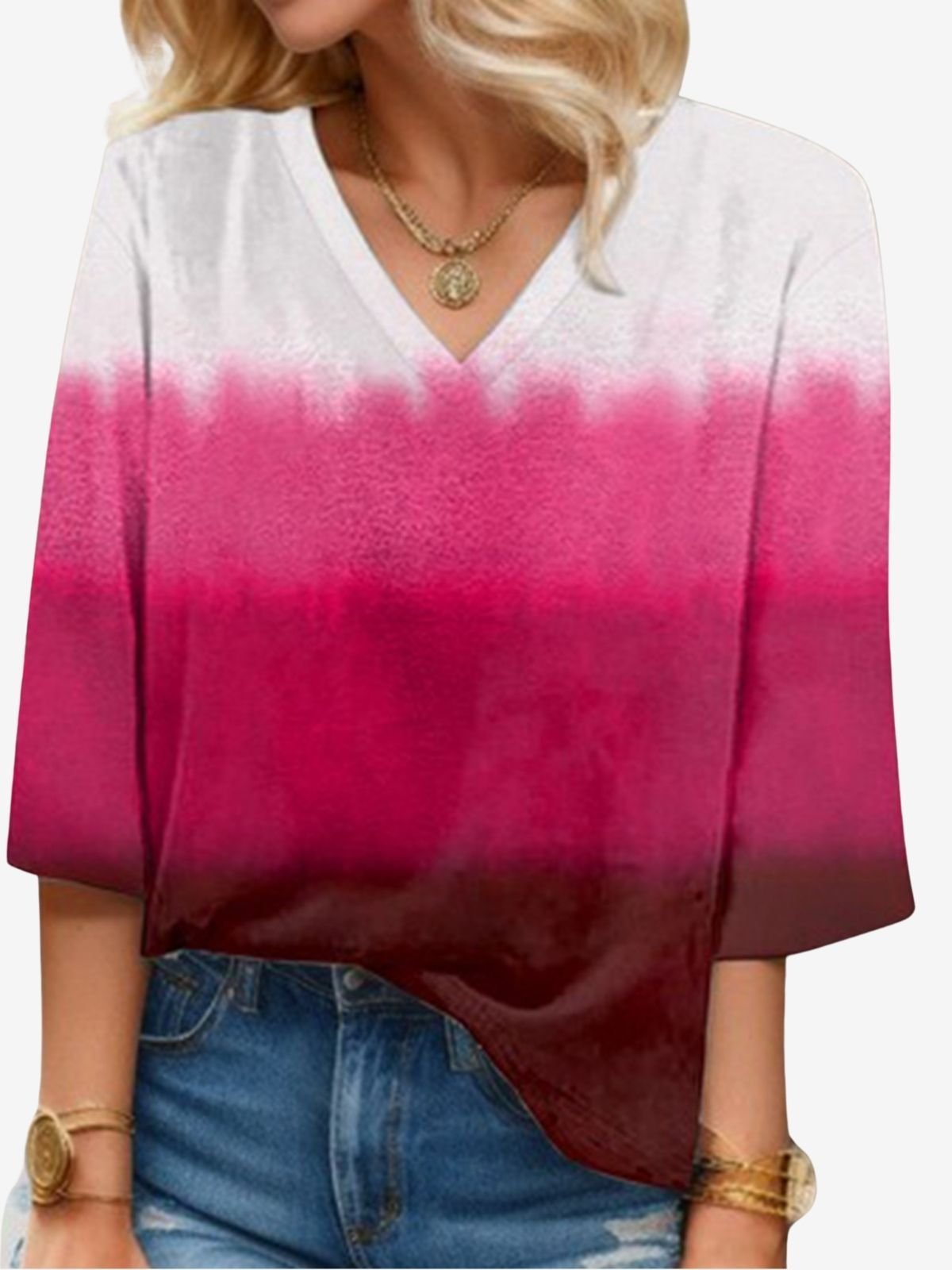 Ombre Print Long-sleeved V-neck Blouse