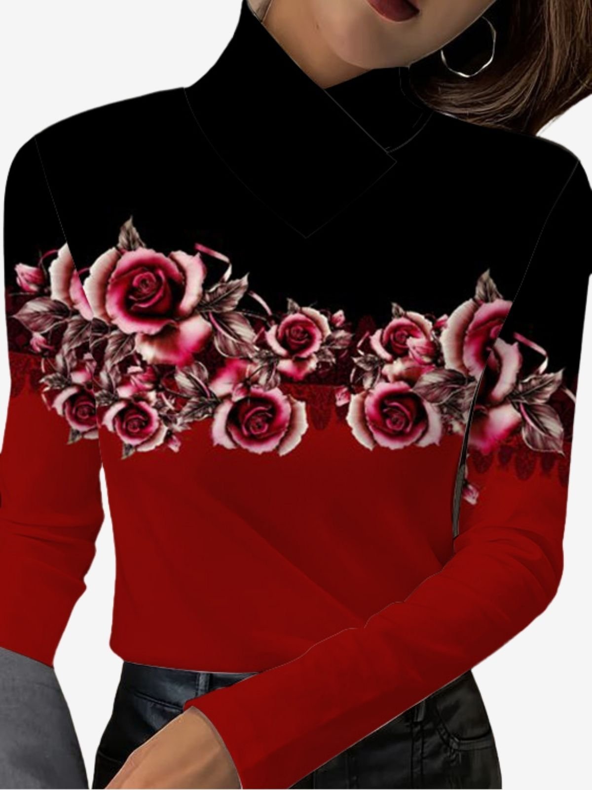 Cross-Collar T-Shirt With Contrasting Floral Design