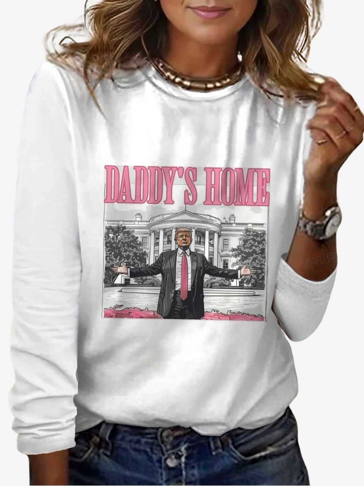 White House Trump Print Long Sleeve Crew Neck T-shirt