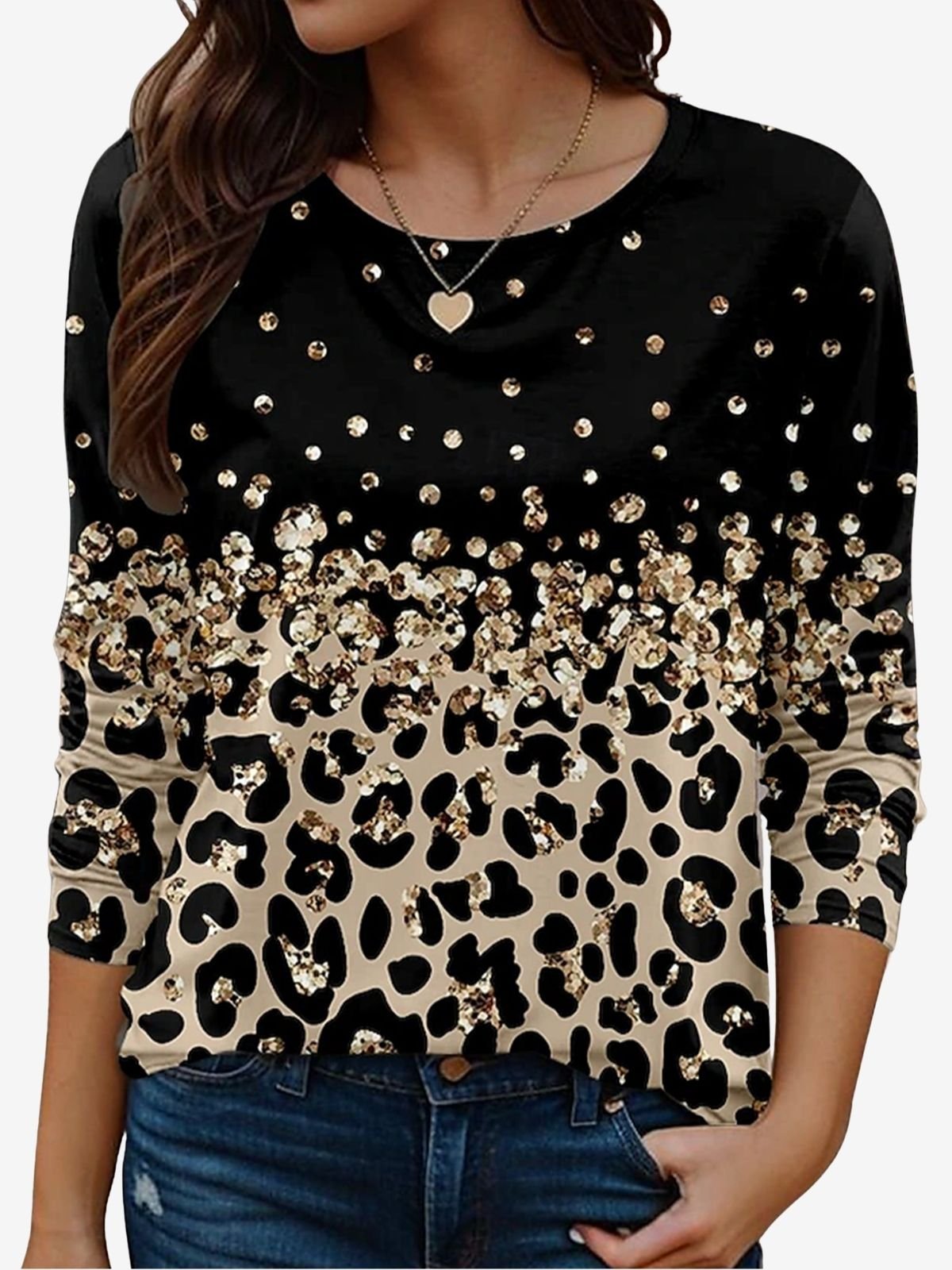 Leopard Print Long Sleeve Crew Neck T-shirt