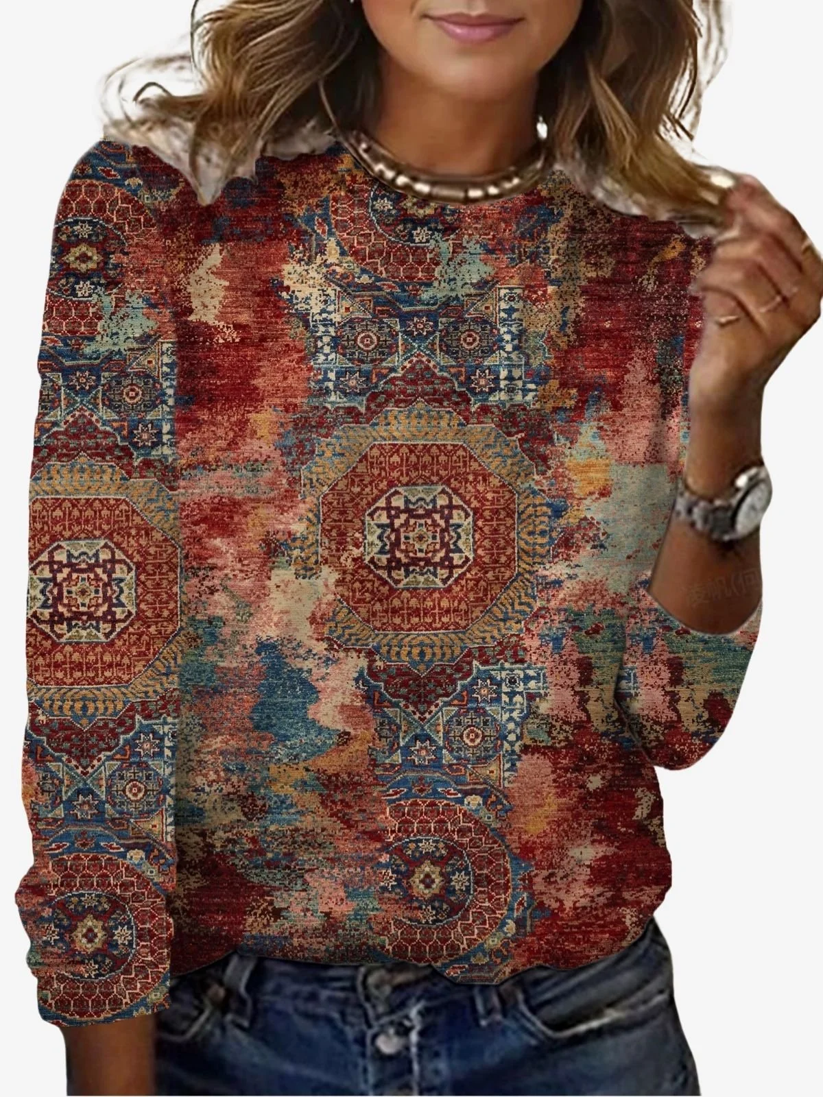 Ethnic Print Long Sleeve Crew Neck T-shirt