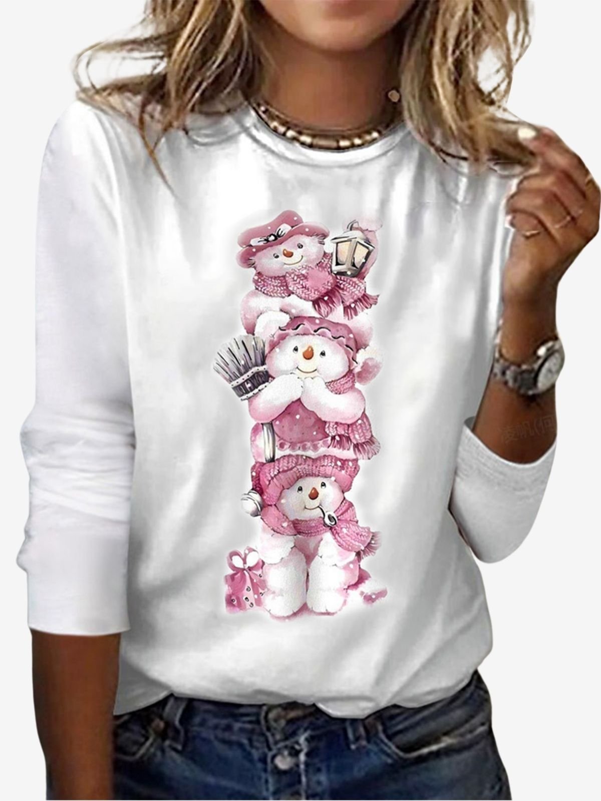 Christmas Snowman Print Crew Neck T-shirt