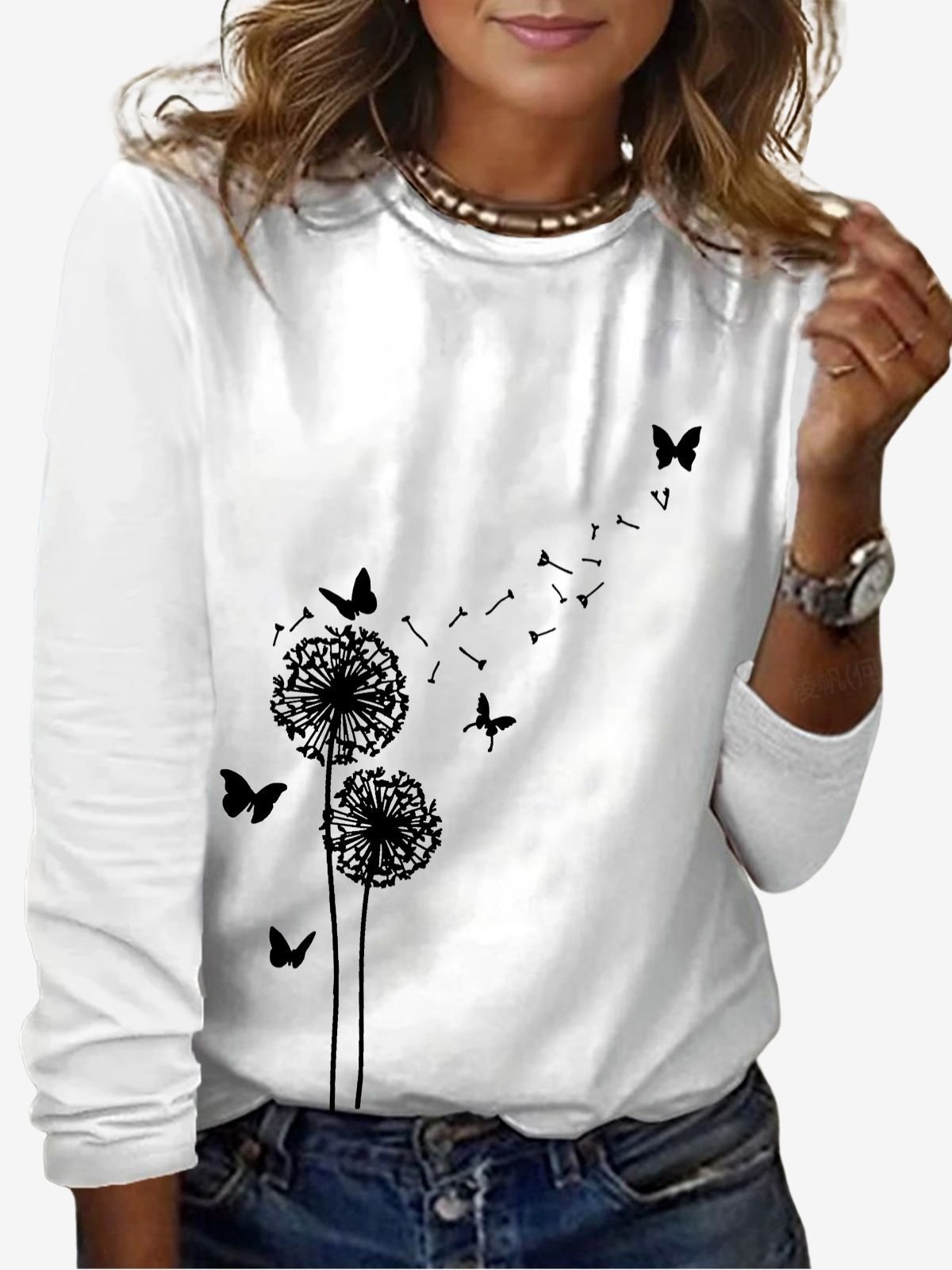 Dandelion Print Long Sleeve Crew Neck T-shirt