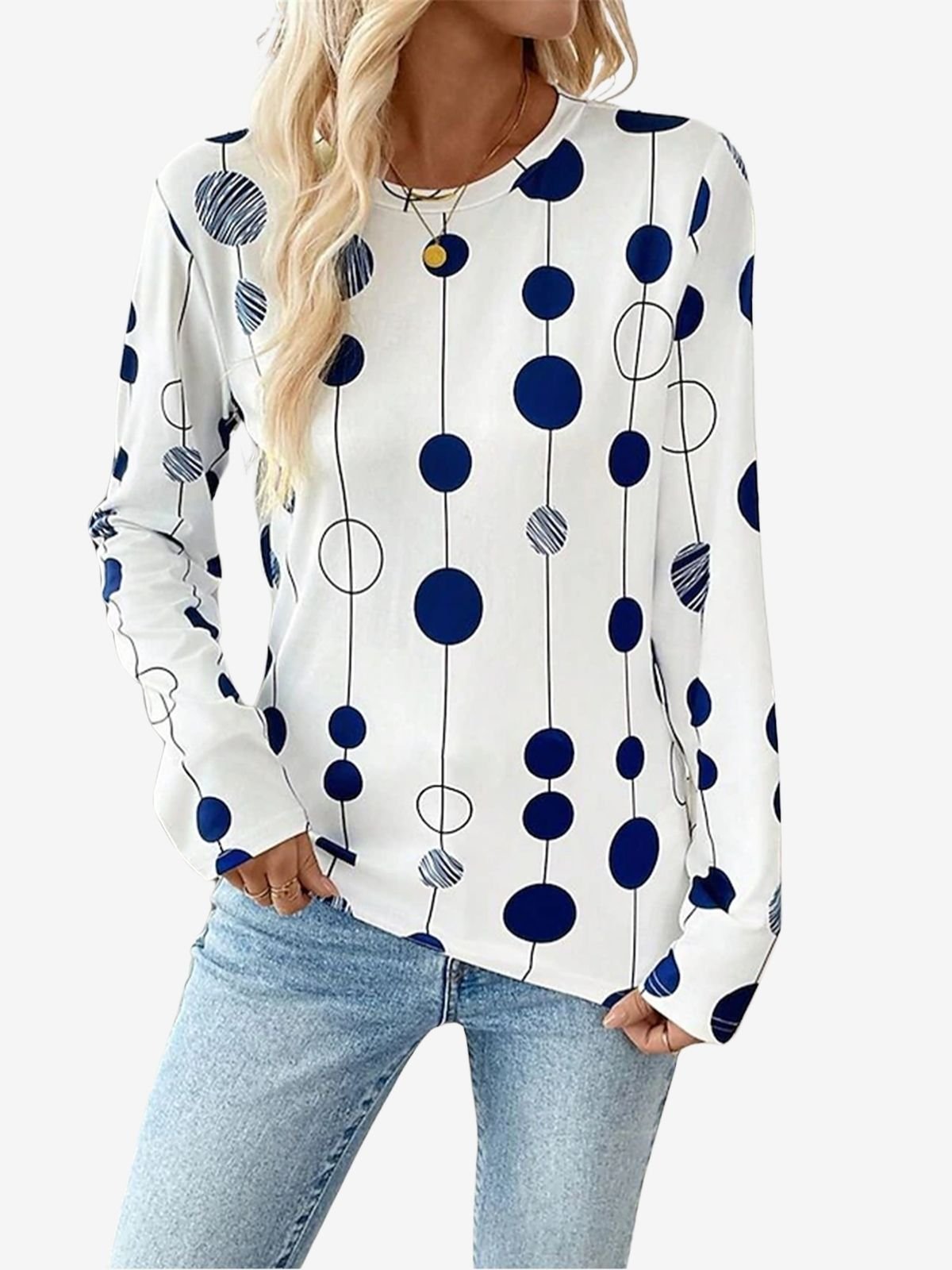 Polka Dot Print Round Neck Long Sleeve T-Shirt