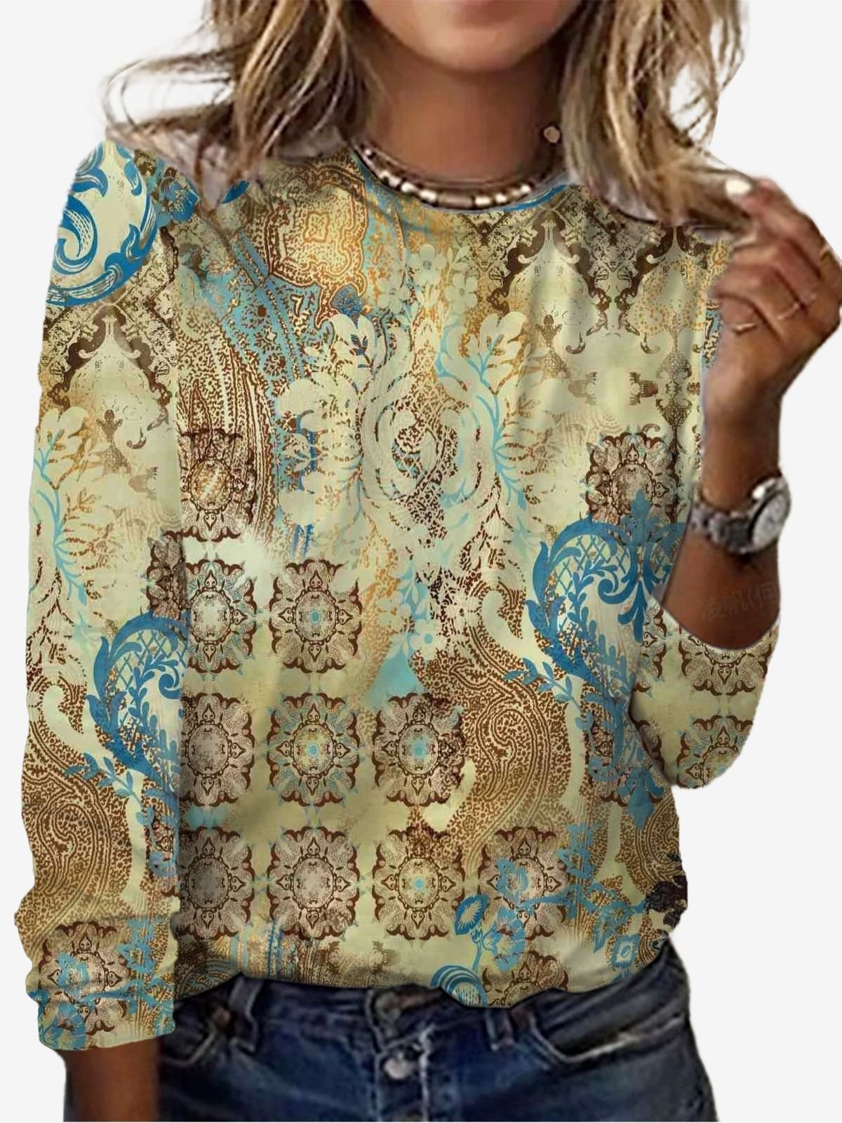 Ethnic Print Long Sleeve Crew Neck T-shirt