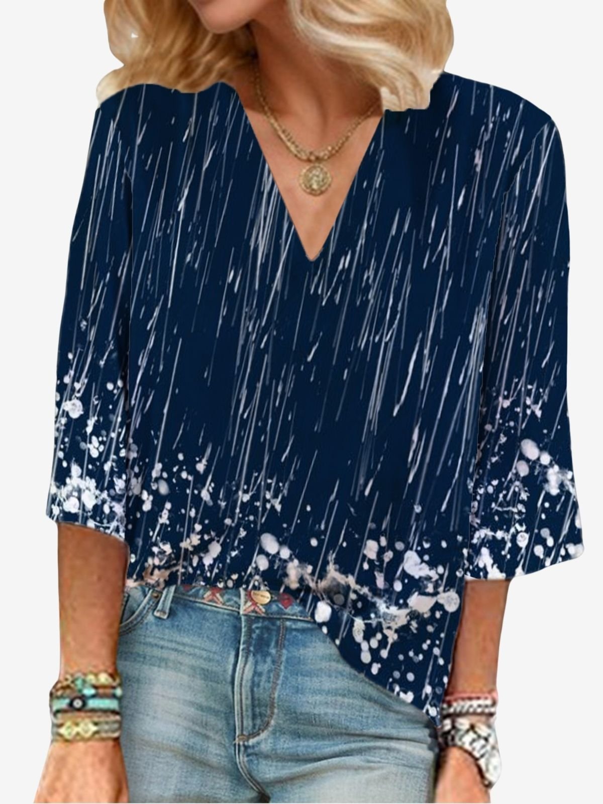 Abstract Print V-Neck Blouse