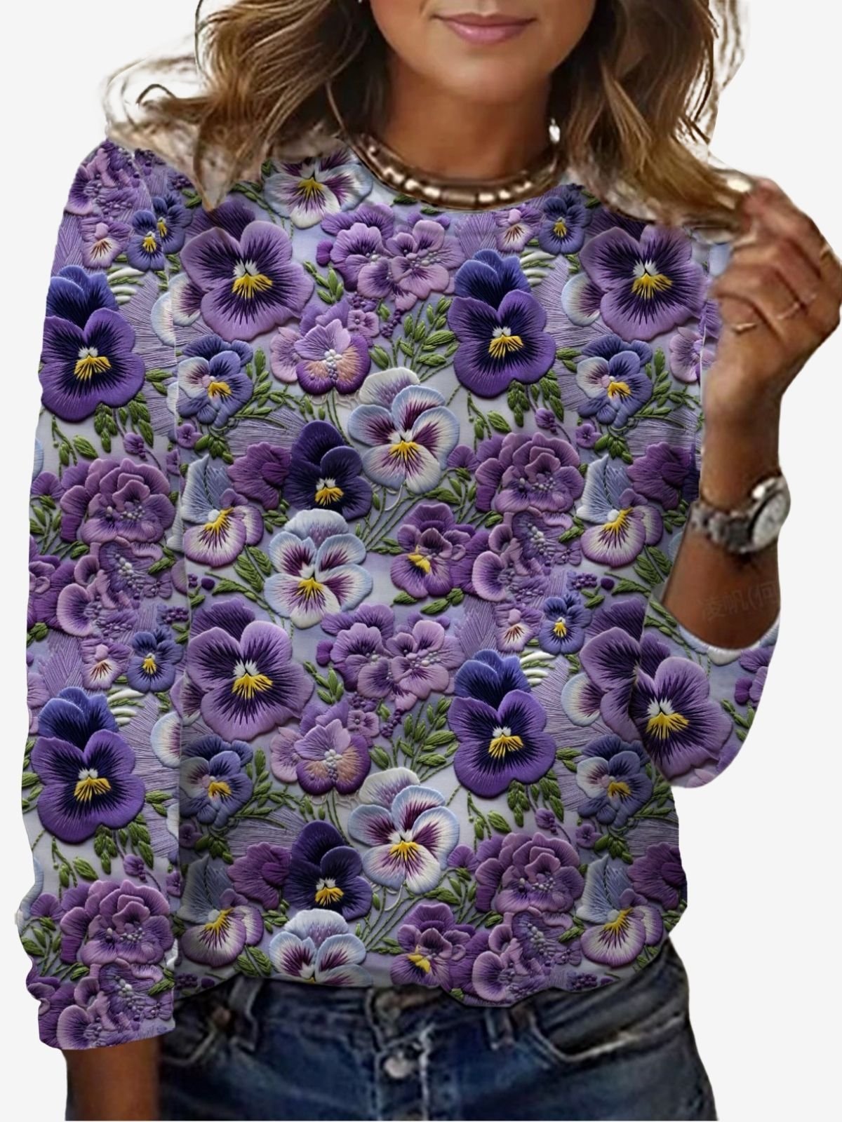 Floral Print Long Sleeve Crew Neck T-shirt