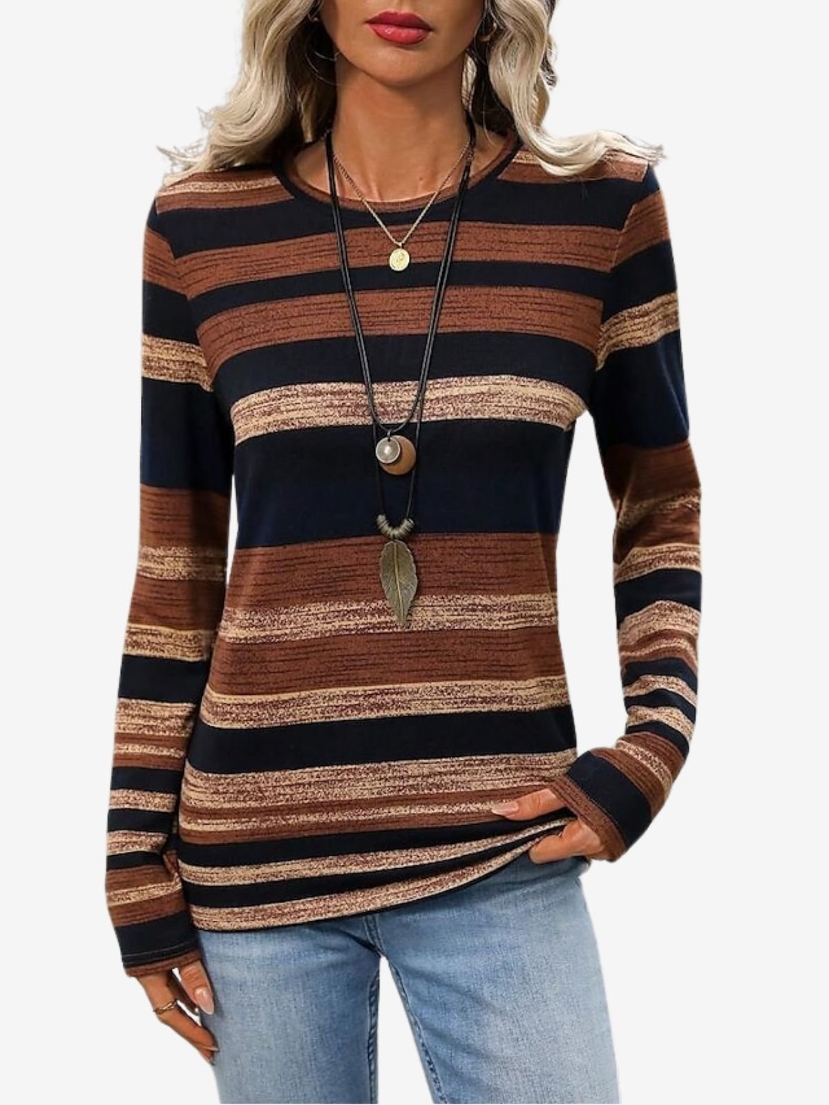 Women's Long Sleeve T-shirt Spring/Fall Brown Striped Jersey Crew Neck Daily Going Out Casual Top