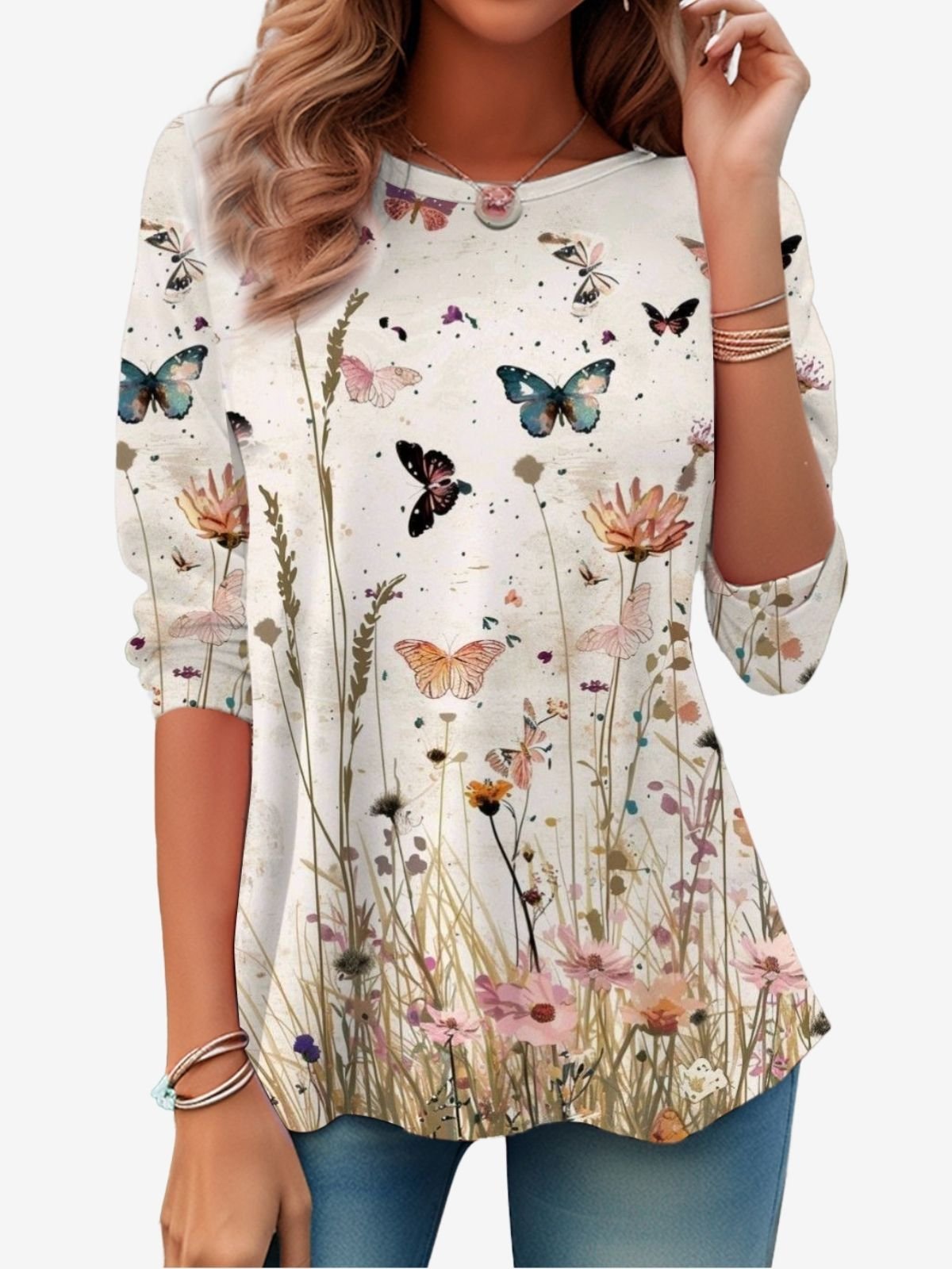 Floral Print Long Sleeve Crew Neck T-shirt