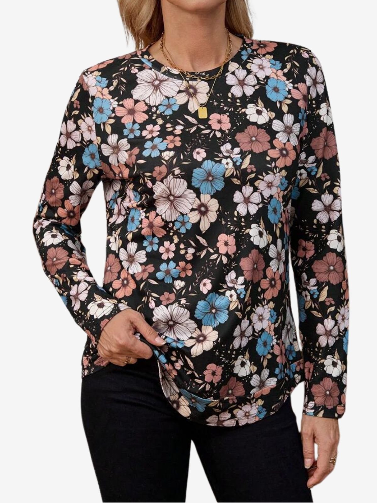 Floral Print Long Sleeve Crew Neck T-shirt