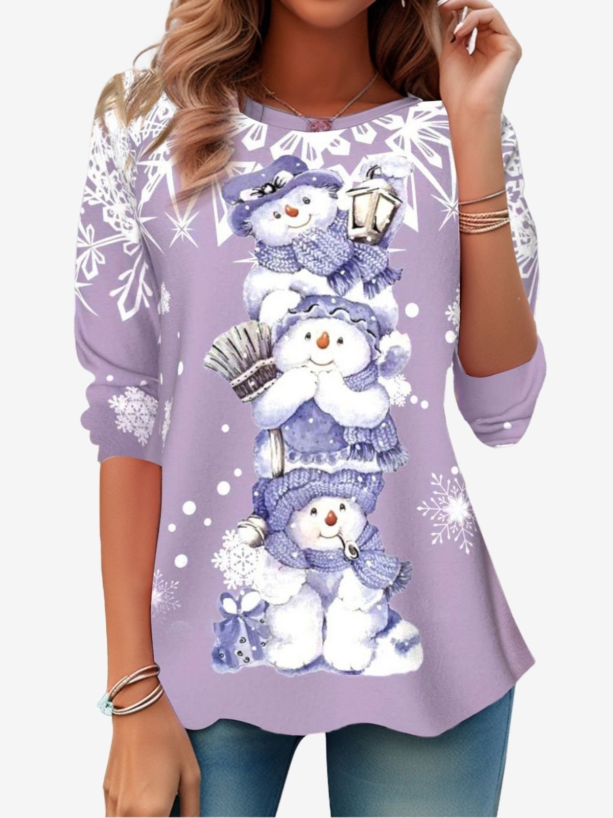 Christmas Snowman Casual Round Neck Long Sleeve T-Shirt