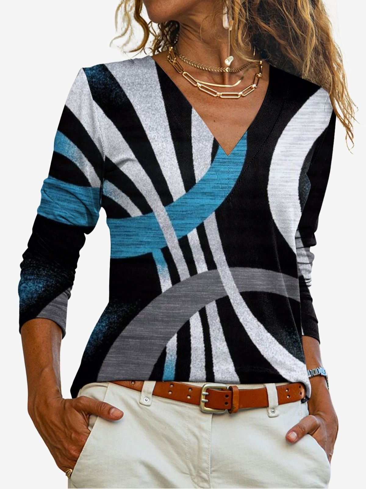 Women's Long Sleeve T-shirt Spring/Fall Blue Geometric Jersey V Neck Daily Going Out Casual Top