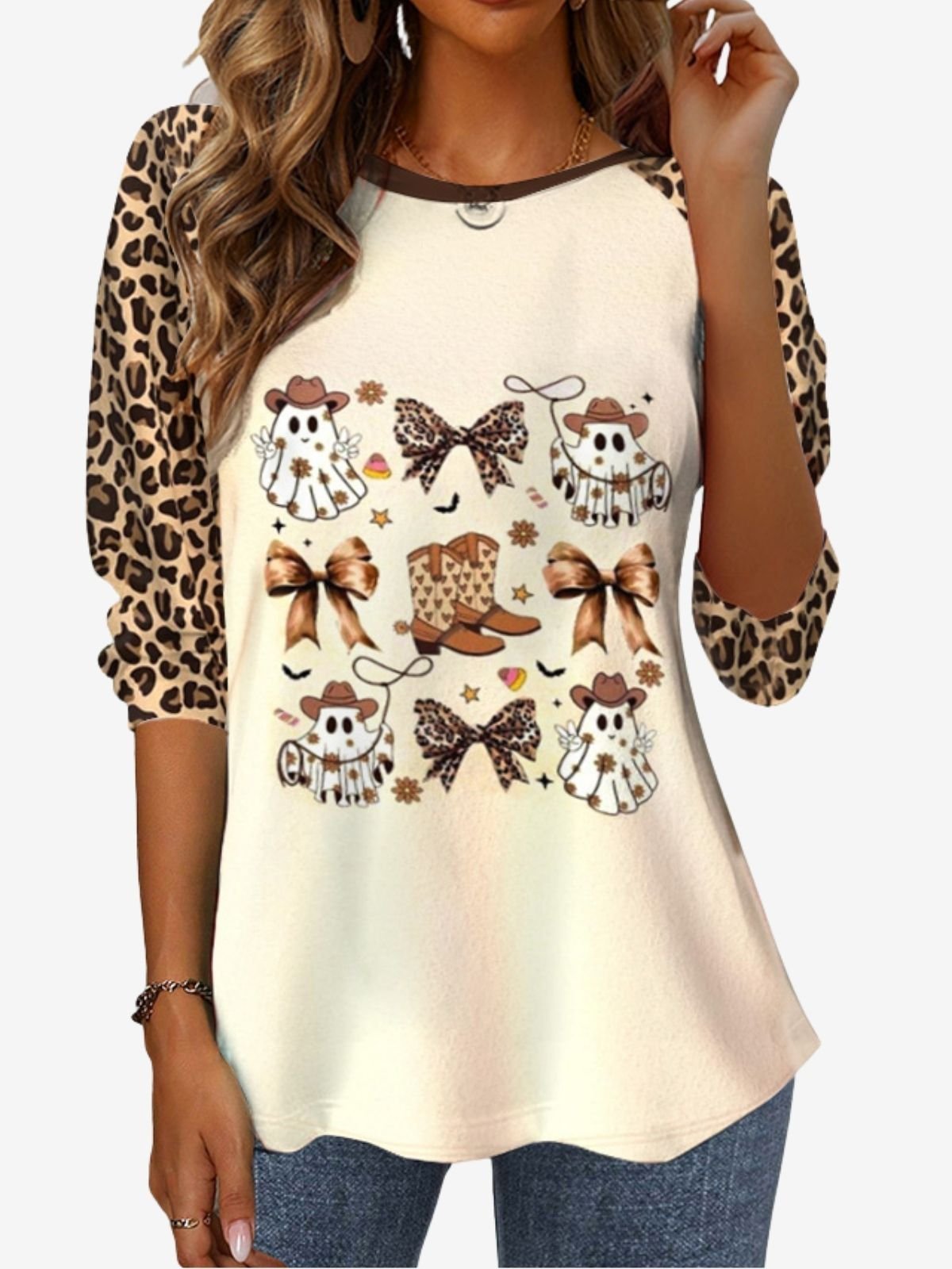 Women's Long Sleeve T-shirt Spring/Fall Apricot Leopard Jersey Crew Neck Daily Going Out Casual Top