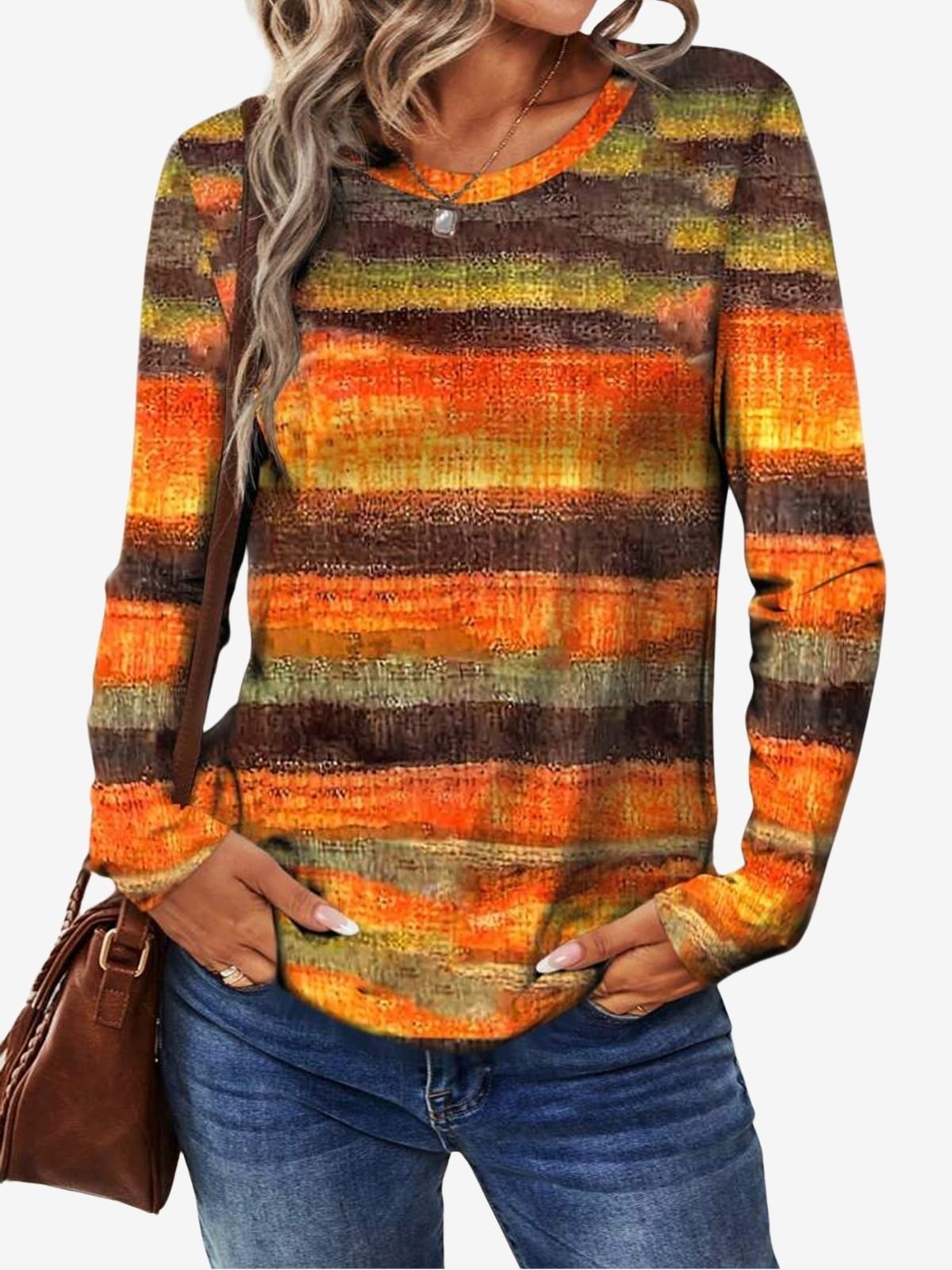 Women's Long Sleeve T-shirt Spring/Fall Orange Striped Jersey Crew Neck Daily Going Out Casual Top