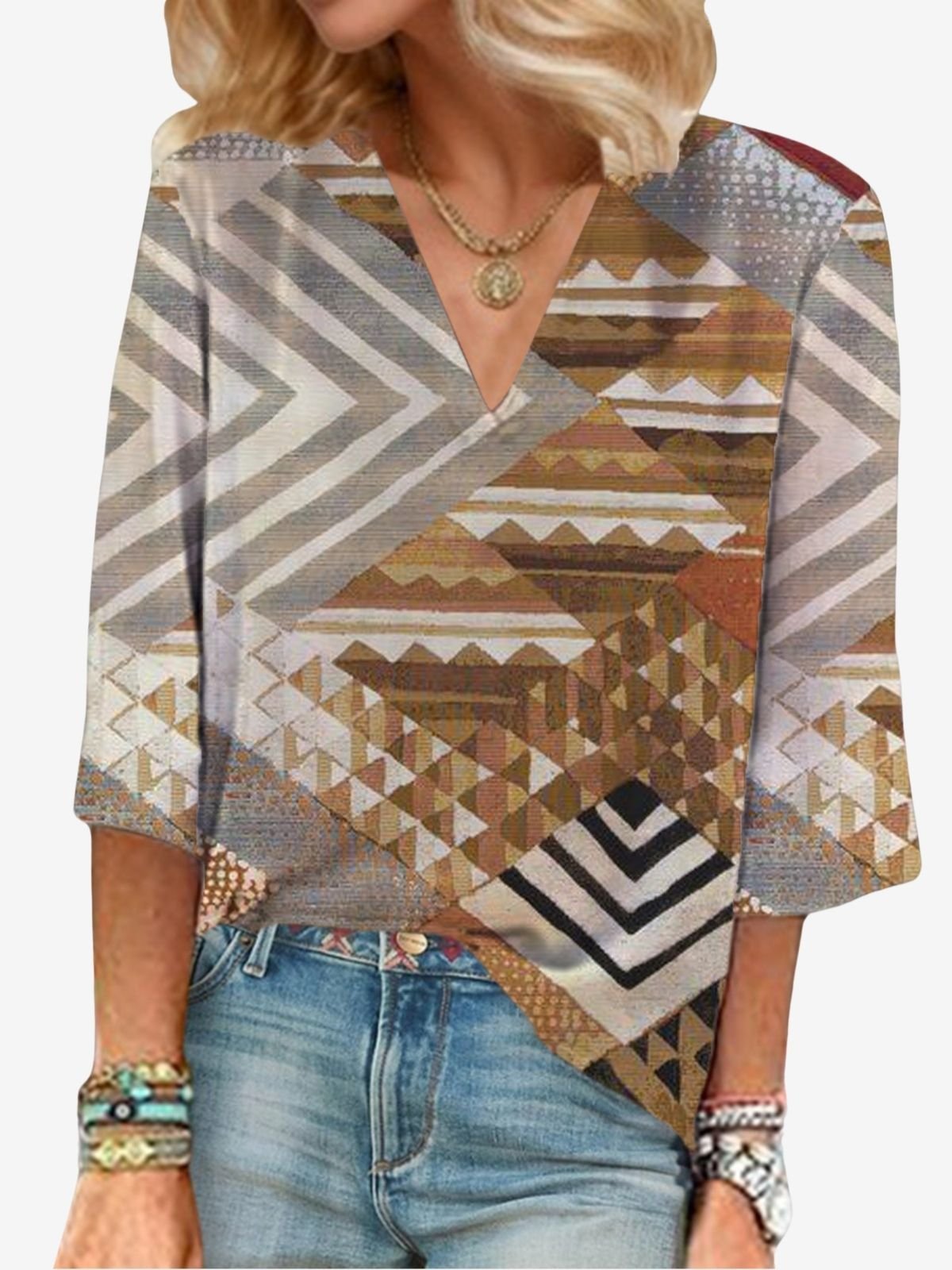 Geometric Print V-neck Blouse