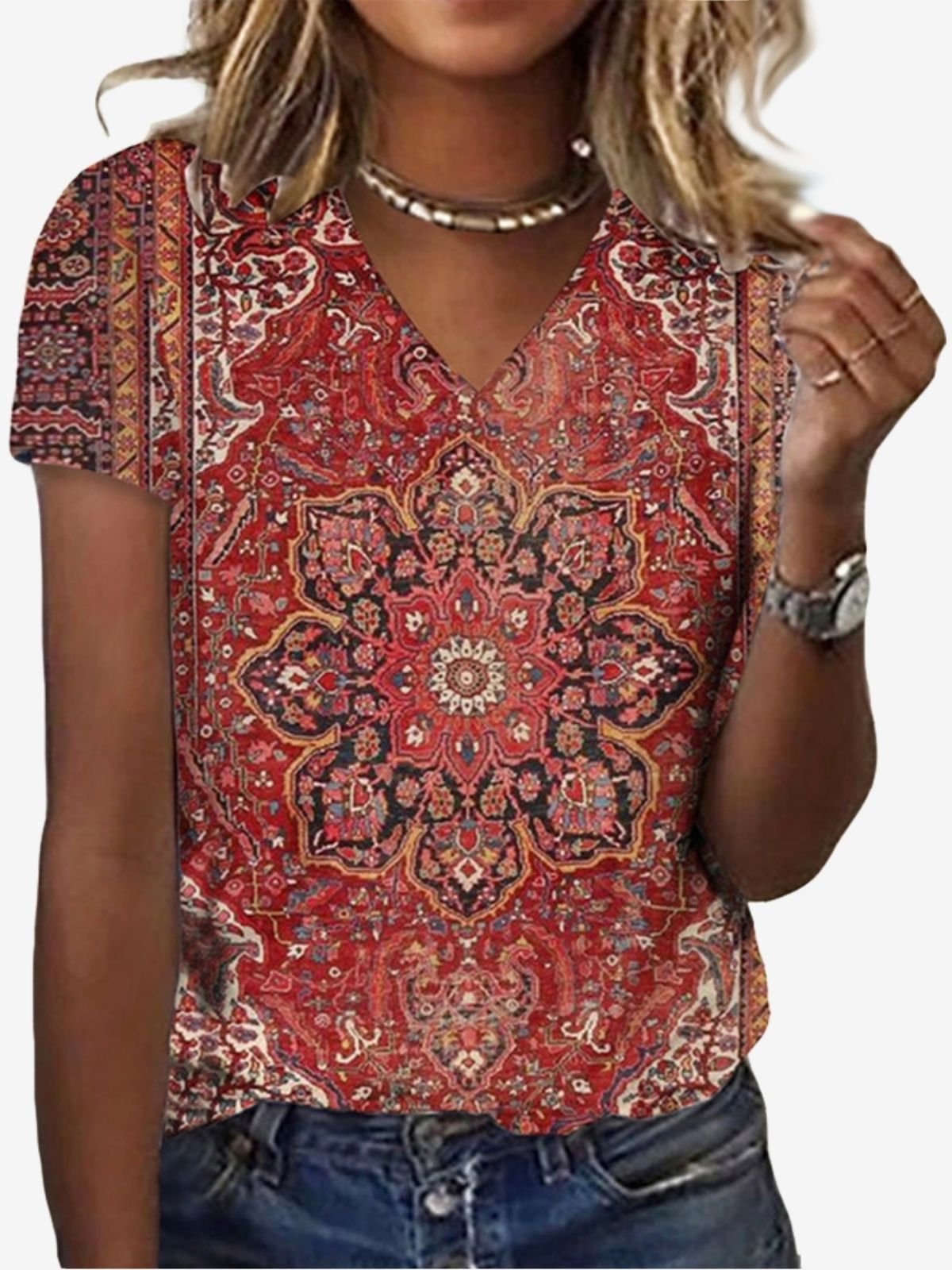 Ethnic Print Short-Sleeved V-Neck T-shirt