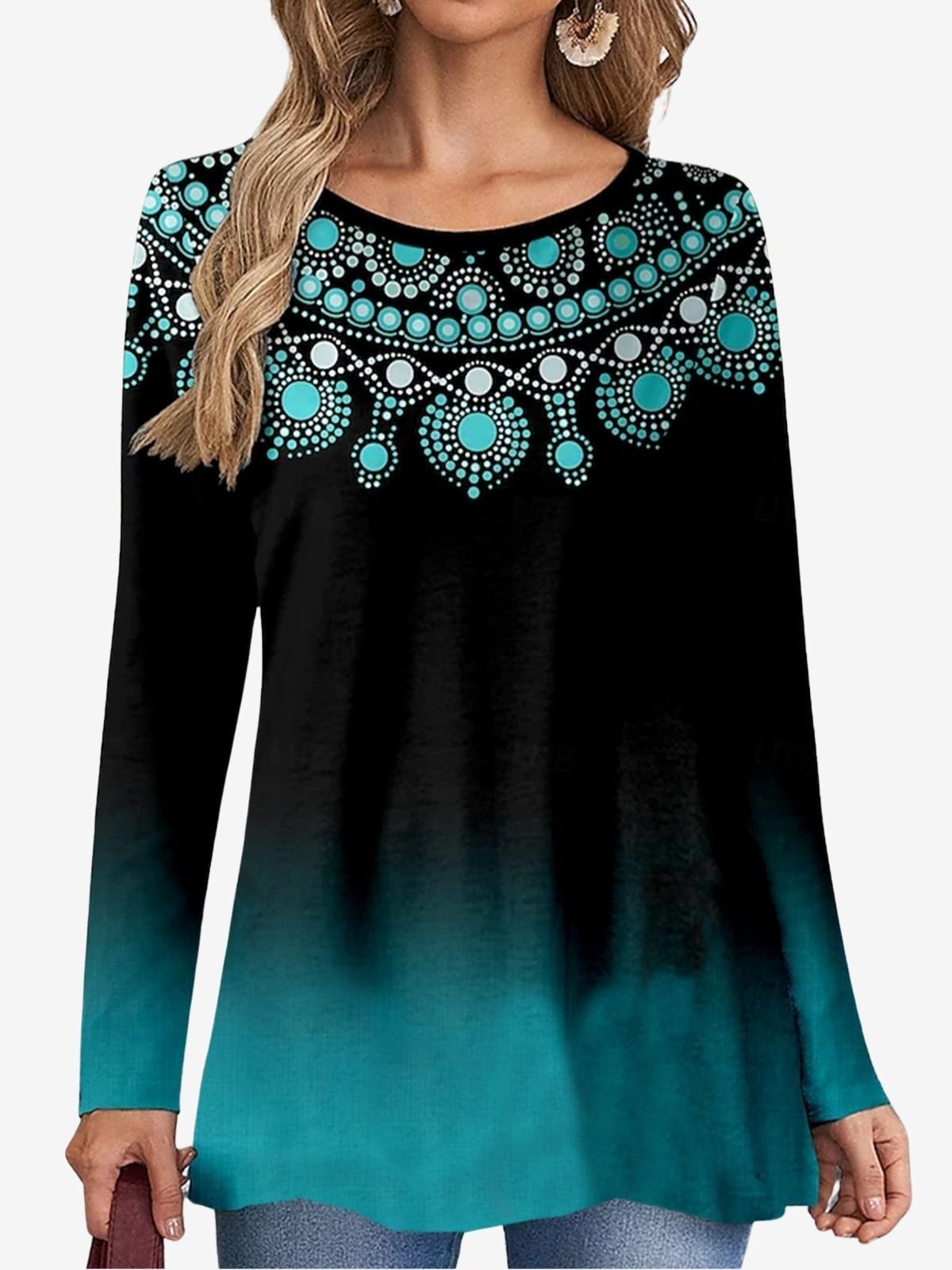 Ethnic Print Long Sleeve Crew Neck T-shirt