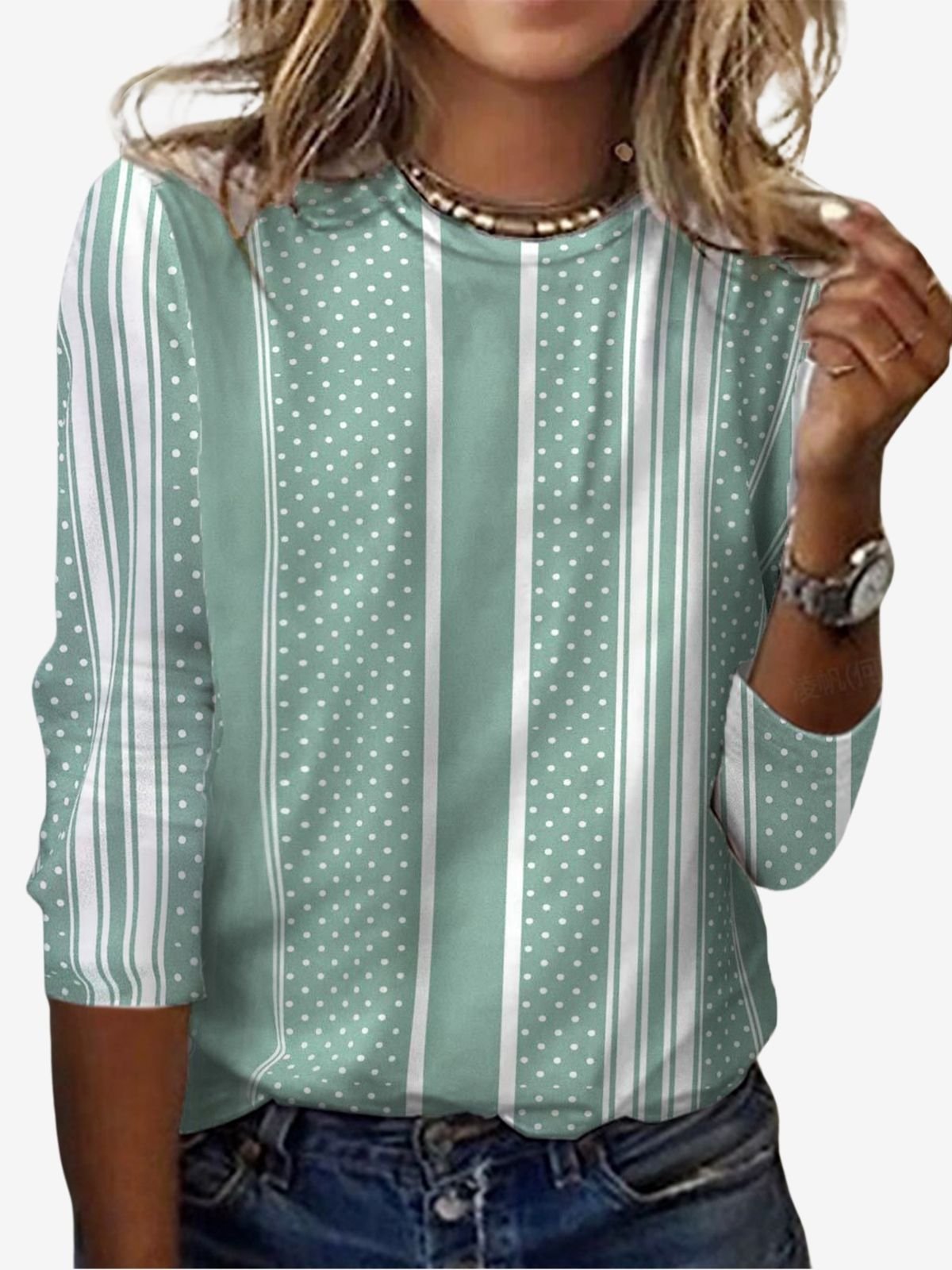 Striped Polka Dot Print Crew Neck Long-Sleeves T-shirt