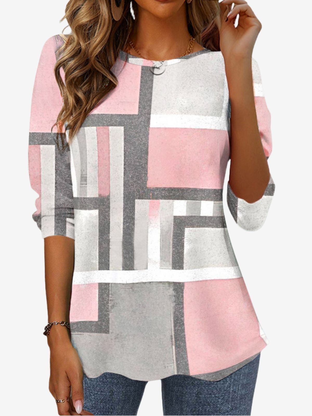 Women's Long Sleeve T-shirt Spring/Fall Pink Geometric Jersey Crew Neck Daily Going Out Casual Top