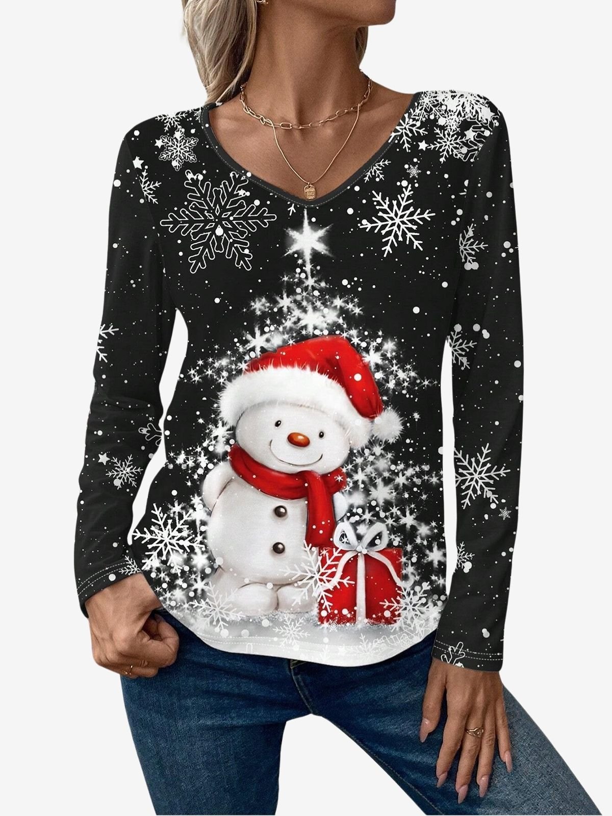 Christmas Print V-neck Long-Sleeved T-shirt