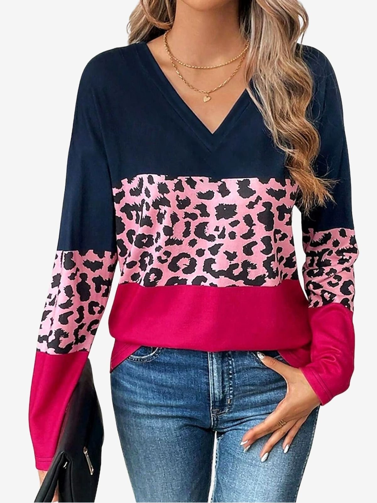 Women's Long Sleeve T-shirt Spring/Fall Rose Red Color Block Jersey V Neck Daily Going Out Casual Top