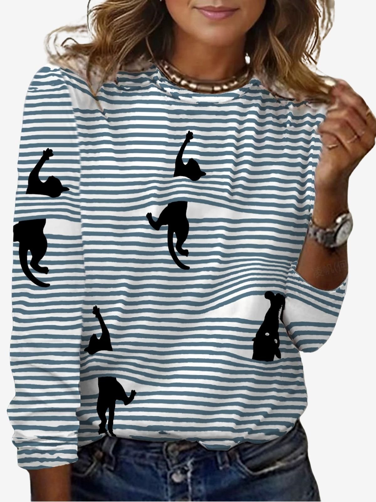 Striped Cat Print Long Sleeve Crew Neck T-shirt