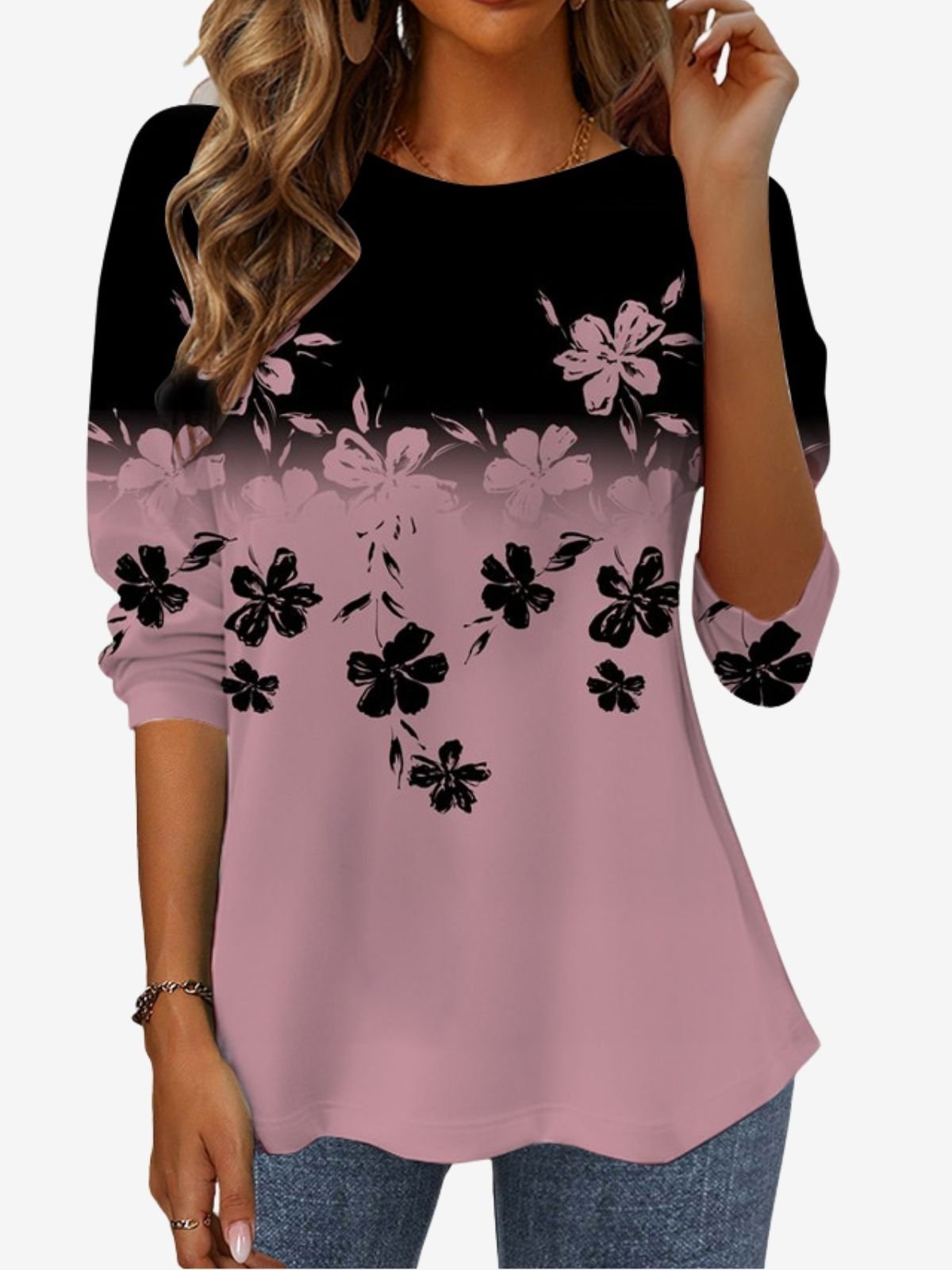 Women's Long Sleeve T-shirt Spring/Fall Black Floral Jersey Crew Neck Daily Going Out Casual Top