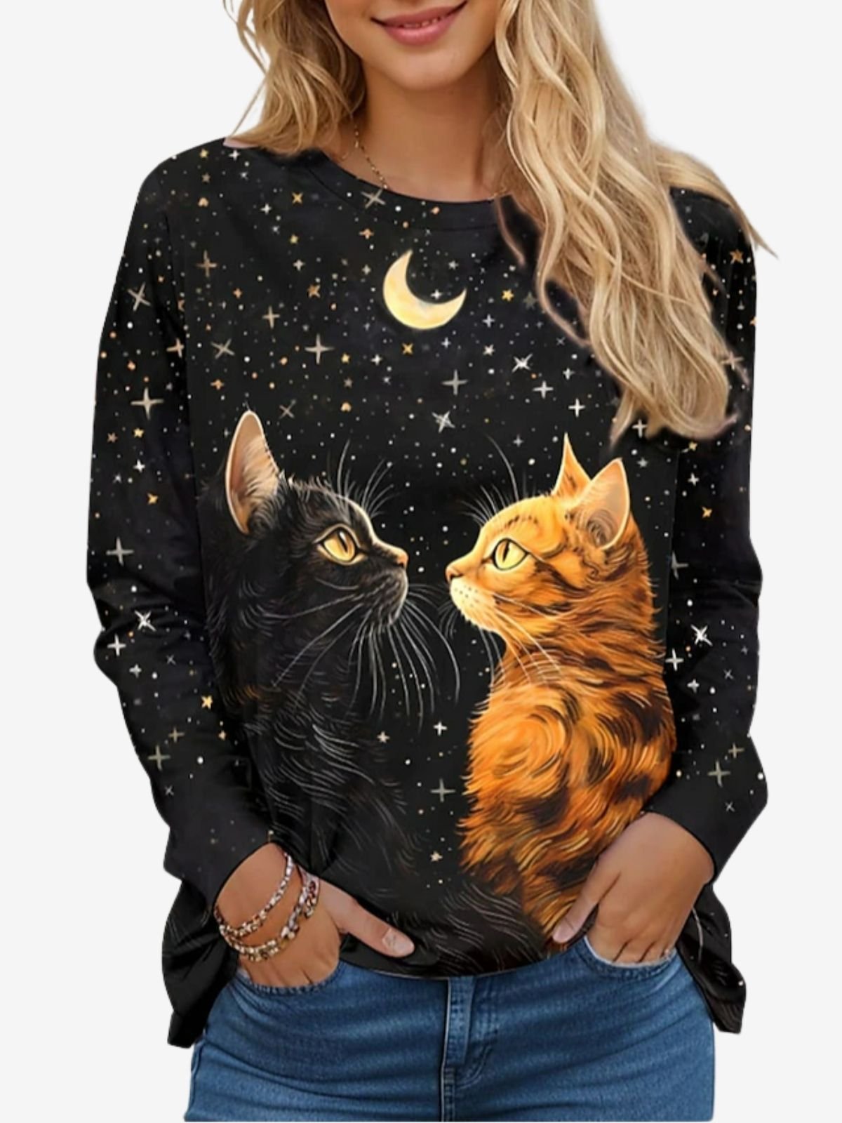 Women's Long Sleeve T-shirt Spring/Fall Black Cat Jersey Crew Neck Daily Going Out Casual Top