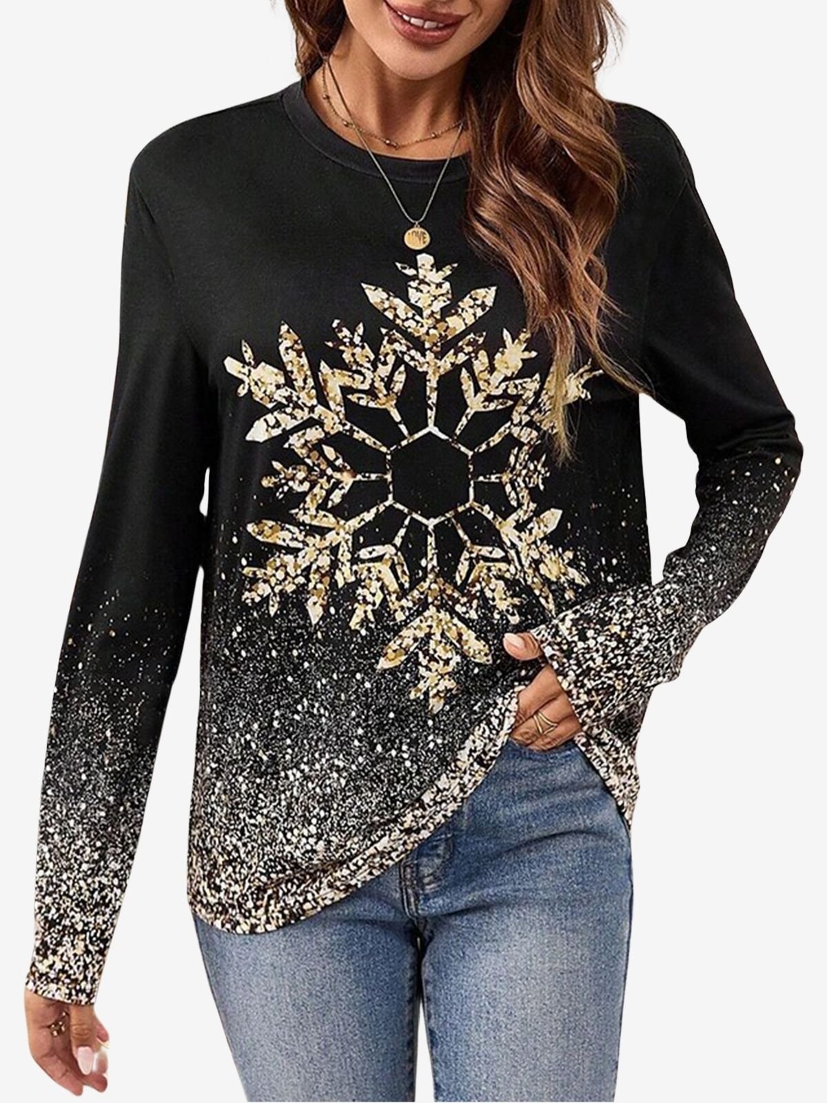 Women's Long Sleeve T-shirt Spring/Fall Black Christmas Snowman Printing Jersey Crew Neck Holiday Going Out Casual Top