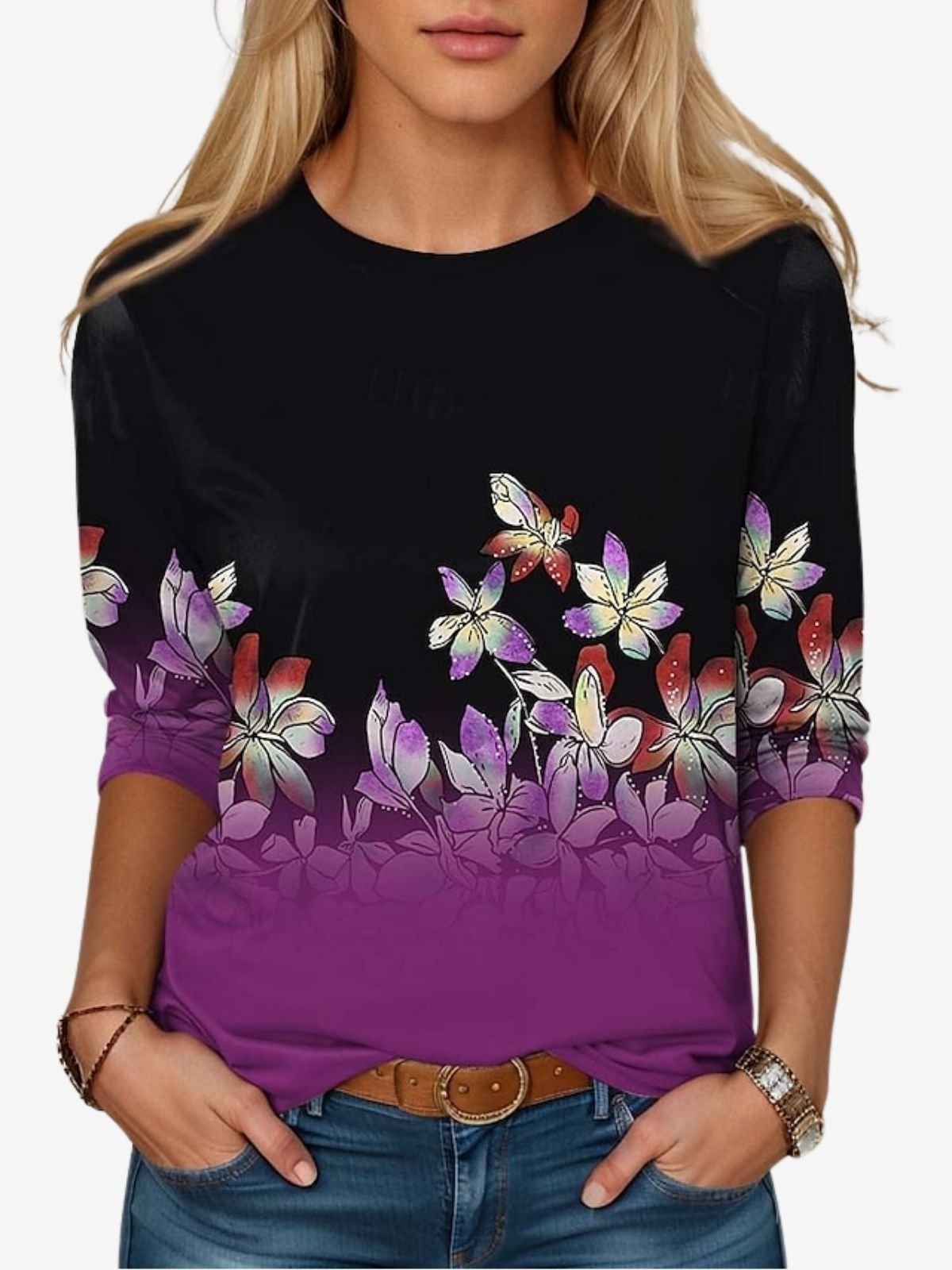 Women's Long Sleeve T-shirt Spring/Fall Purple Floral Jersey Crew Neck Daily Going Out Casual Top