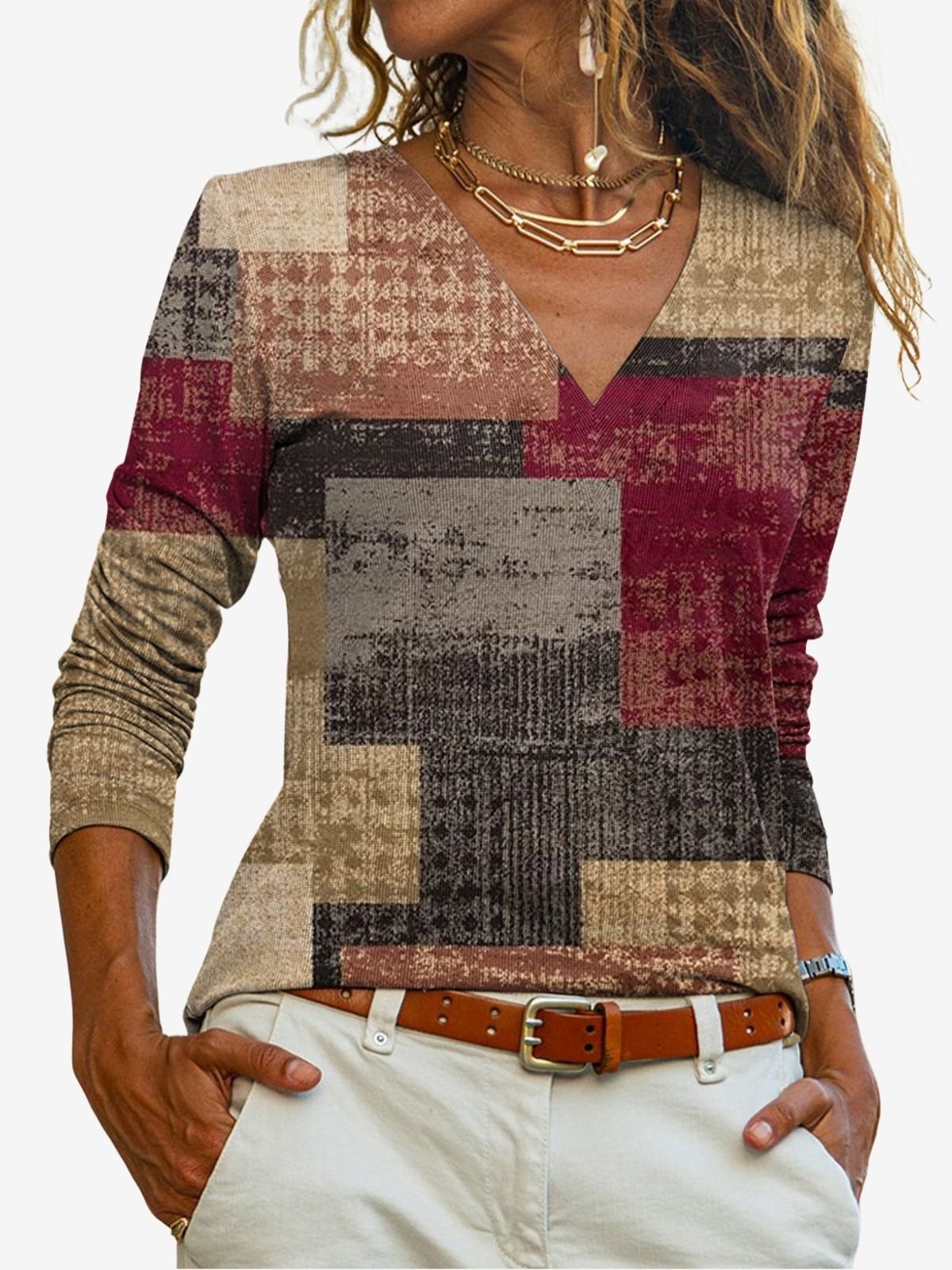 Women's Long Sleeve T-shirt Spring/Fall Brown Geometric Jersey V Neck Daily Going Out Casual Top