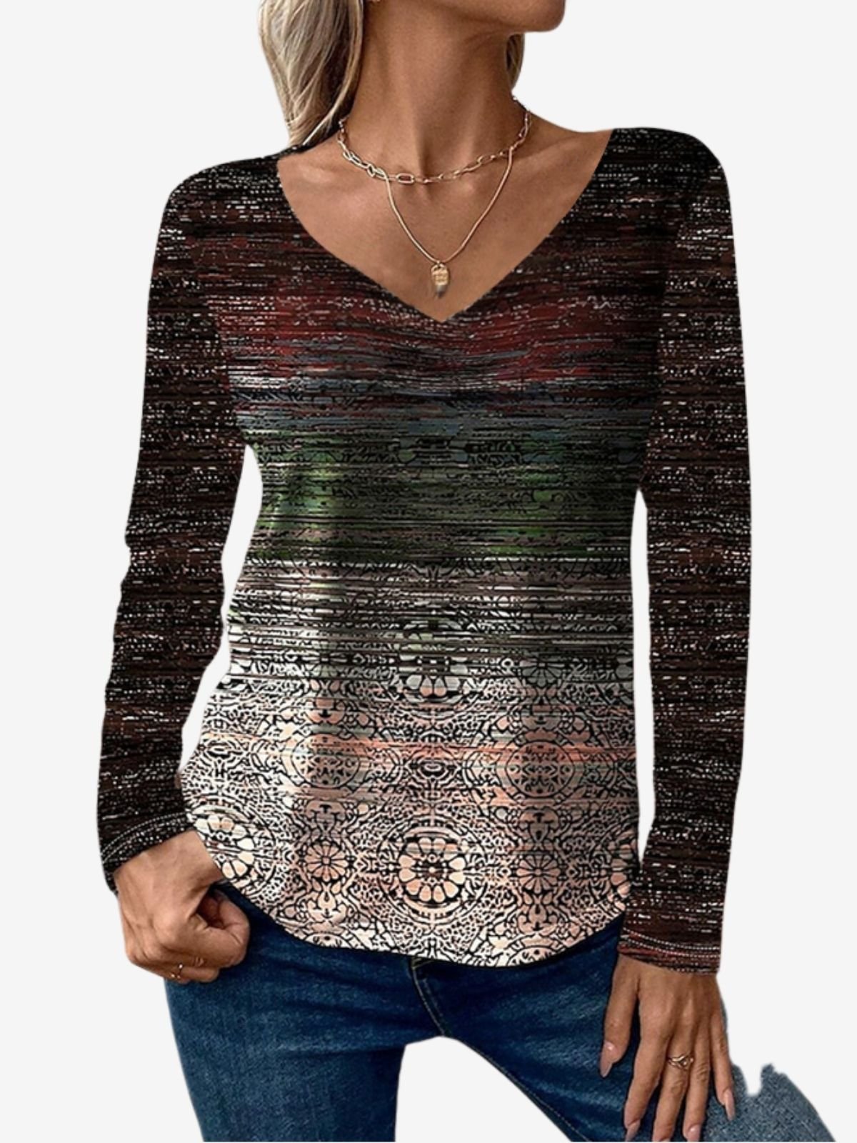 Ethnic Print V-neck T-shirt