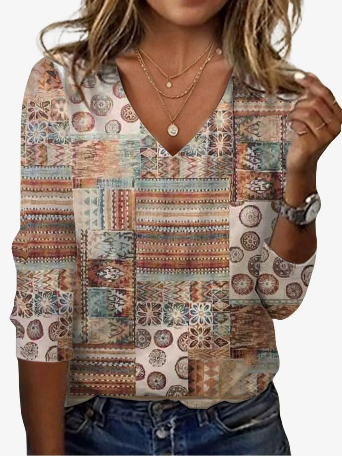 Ethnic Print Long Sleeve V-Neck T-shirt