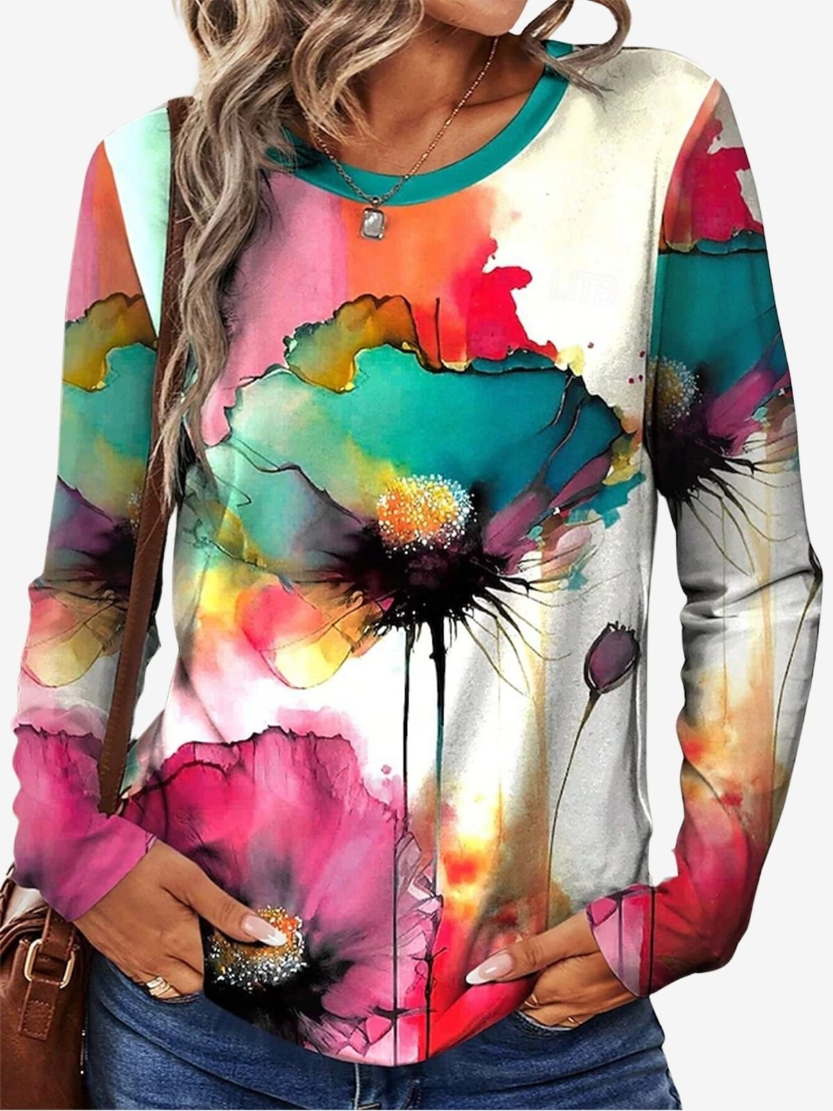 Women's Long Sleeve T-shirt Spring/Fall Multicolor Floral Printing Jersey Crew Neck Daily Going Out Casual Top