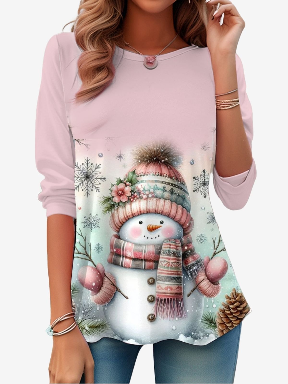 Women's Long Sleeve T-shirt Spring/Fall Pink Christmas Snowman Printing Jersey Crew Neck Holiday Going Out Casual Top