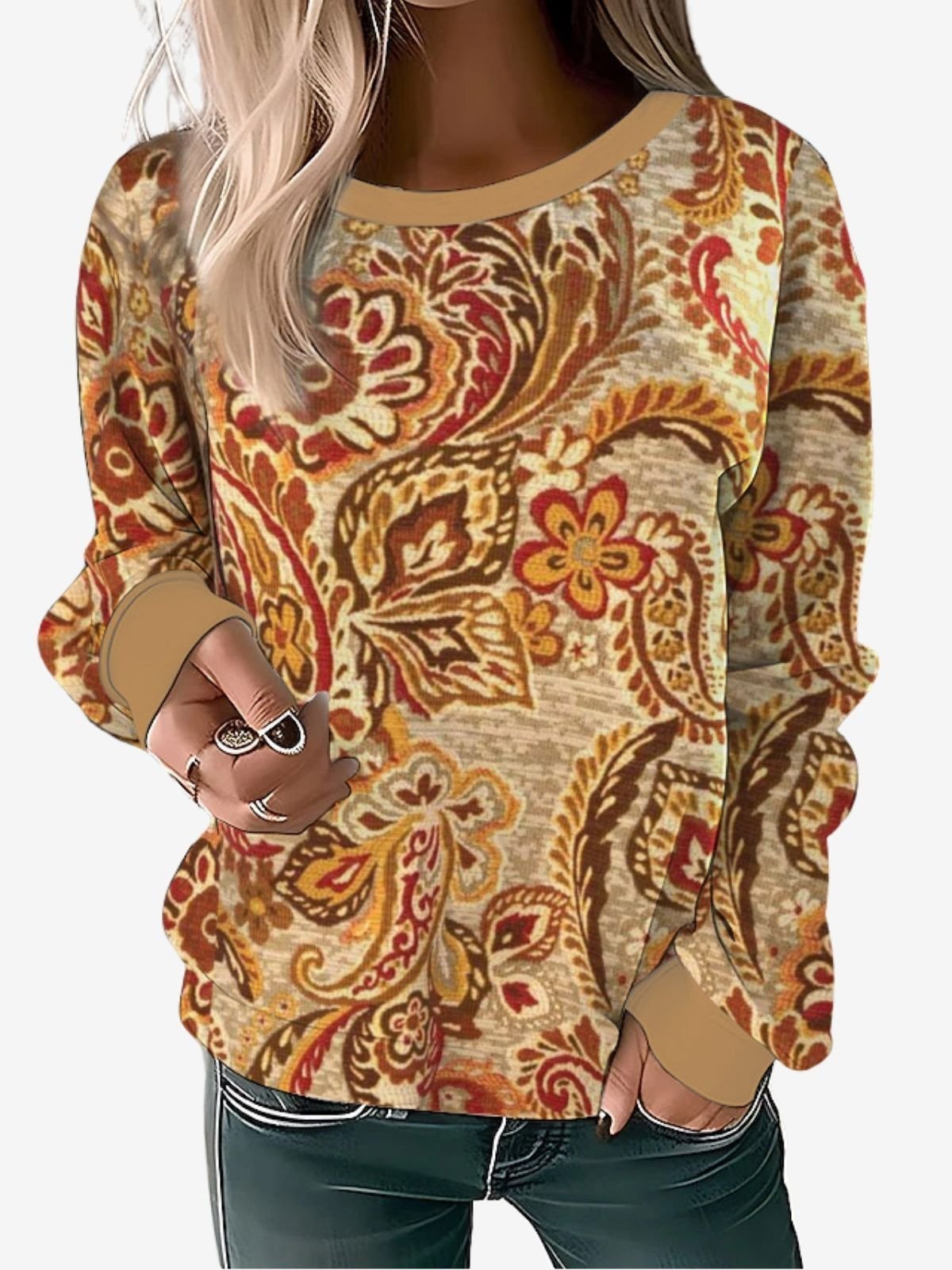 Ethnic Floral Design Round Neck Sweatshirt