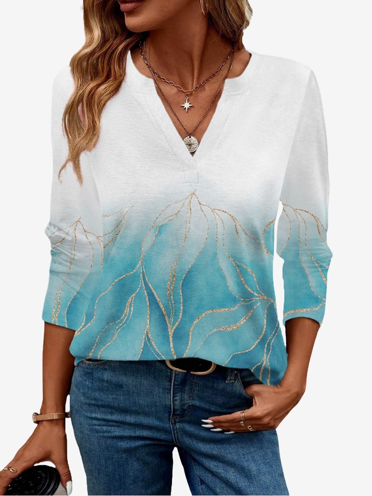 Abstract Print Long Sleeve V-Neck T-shirt