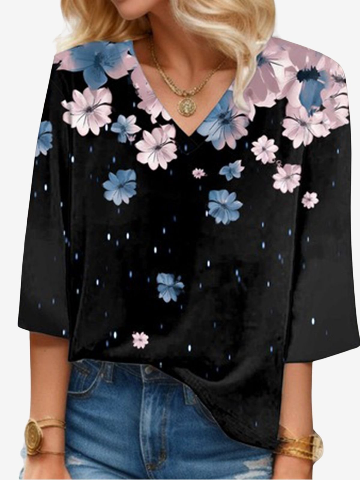 Floral Print Long-sleeved V-neck Blouse