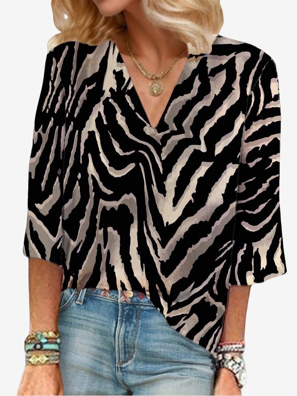 Zebra Print V-neck Blouse